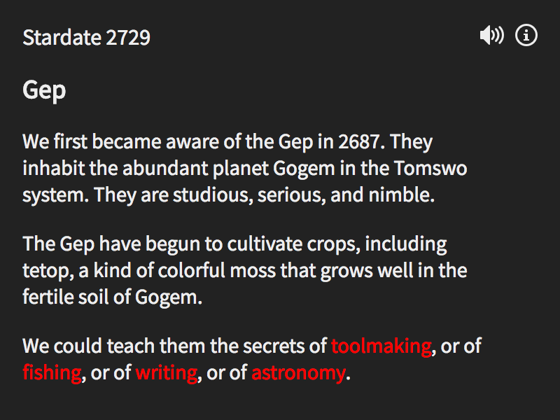 Screenshot of Epitaph, showing a procedurally generated alien civilization called the Gep.