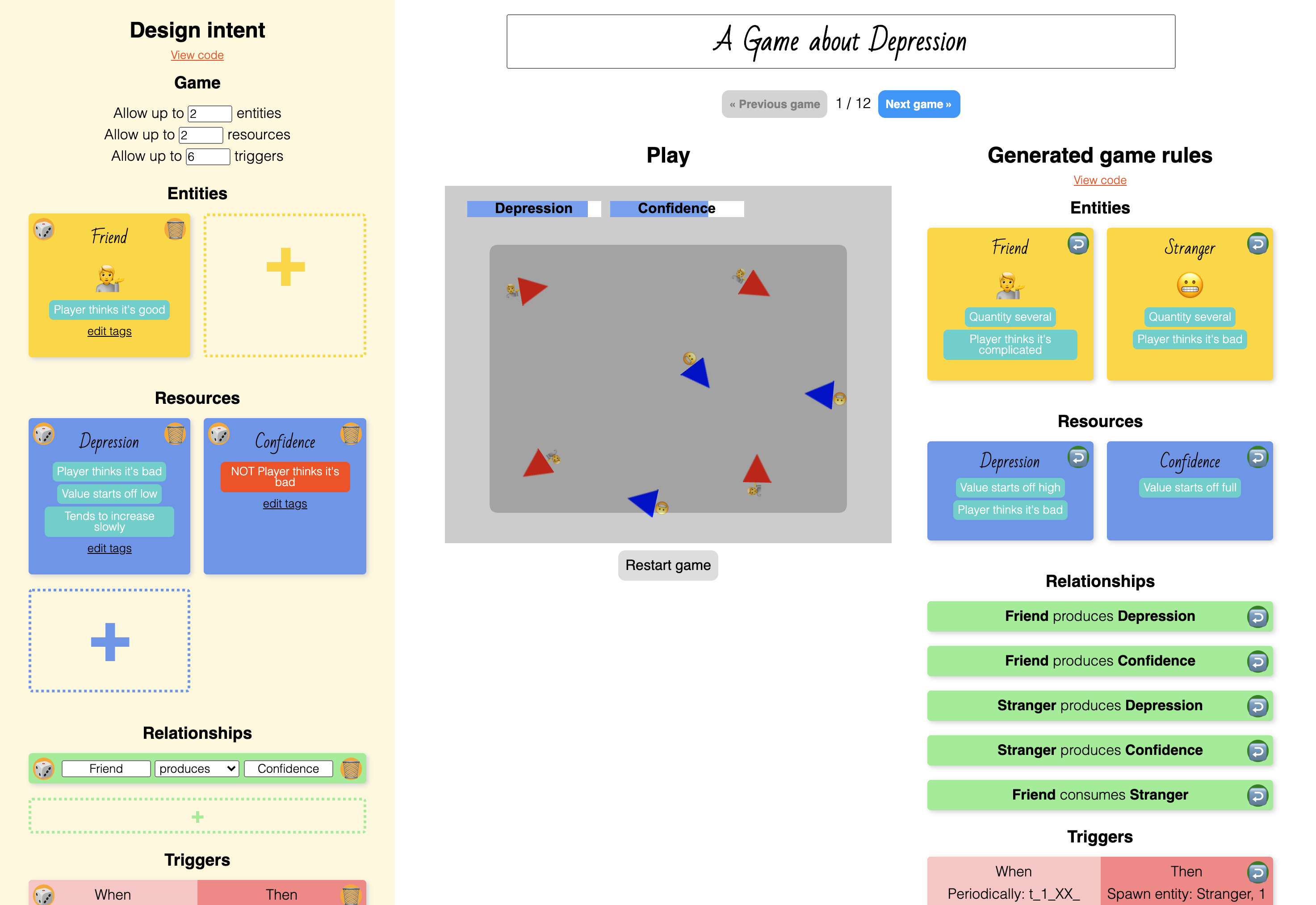 Screenshot of the Germinate user interface, showing a design intent on the left and a generated game on the right.