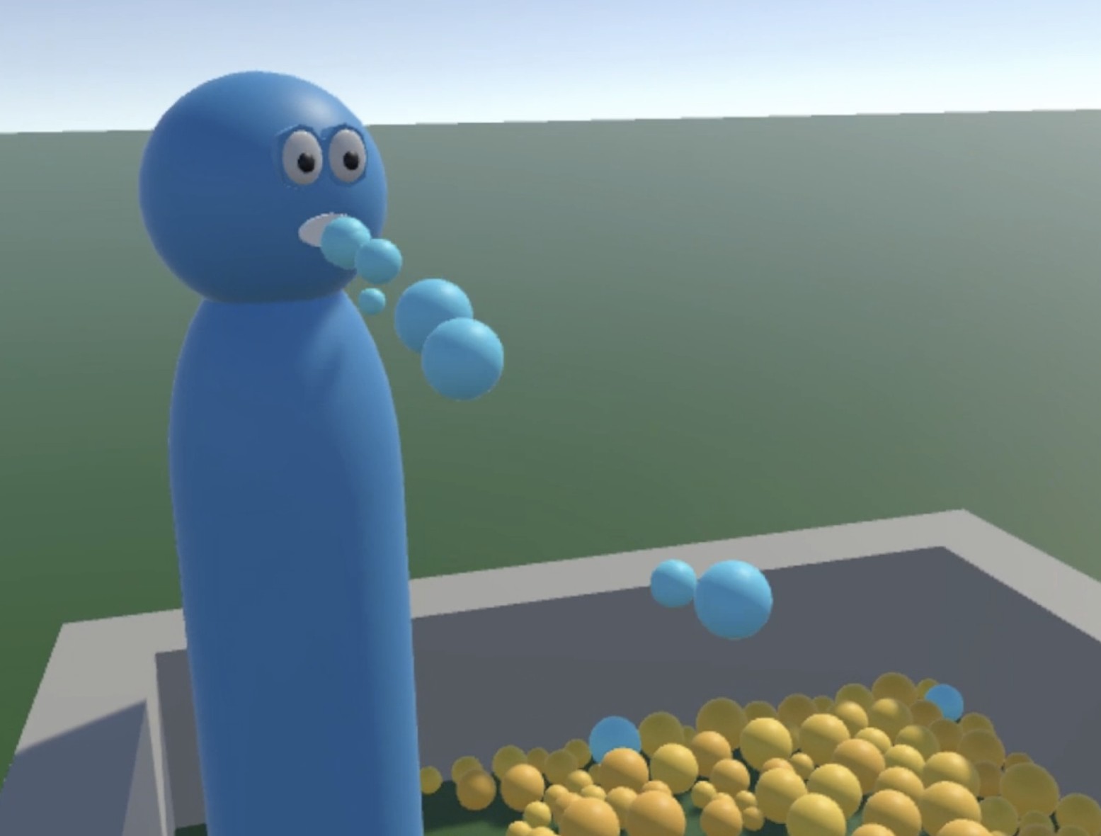 Screenshot of a weird social VR sandbox, focused on a tall blue user avatar. The avatar has googly eyes and spits blue orbs from its open mouth as the user speaks.